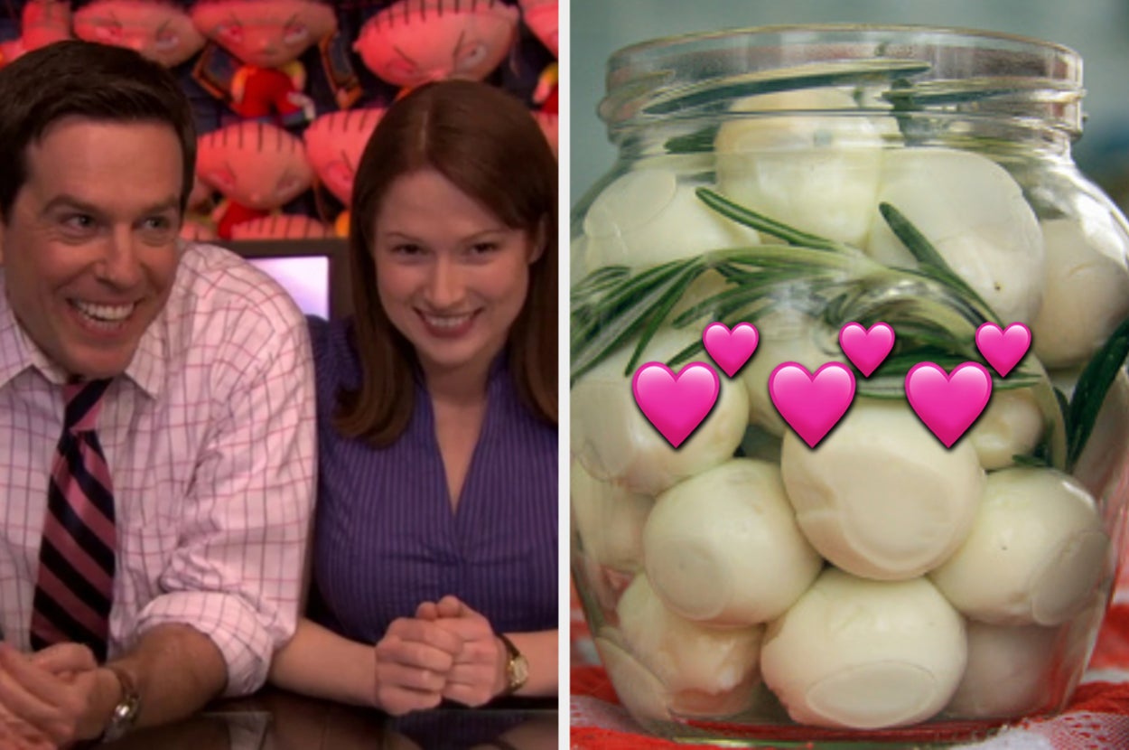 Two members from "The Office" are on the left with a jar of pickled eggs on the right