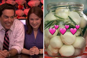 Two members from "The Office" are on the left with a jar of pickled eggs on the right