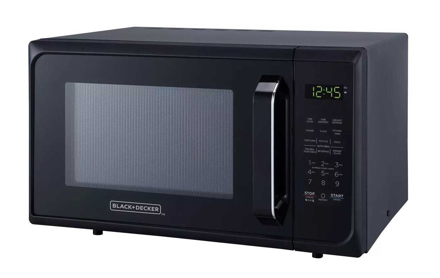 A black Black+Decker microwave oven