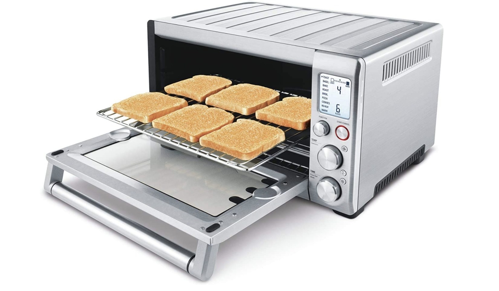the toaster oven holding six pieces of toast