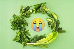 Sobbing emoji surrounded by vegetables and herbs.