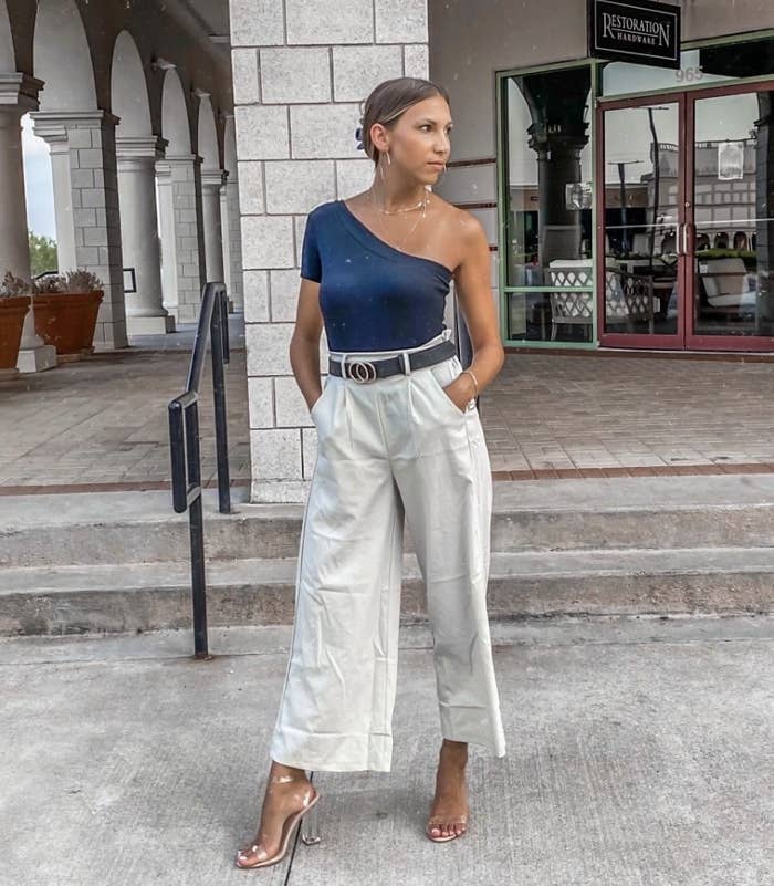 Reviewer wearing cotton wide leg pant with belt
