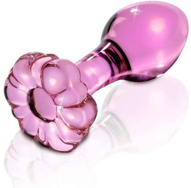 Pink glass anal plug with rose-shaped base