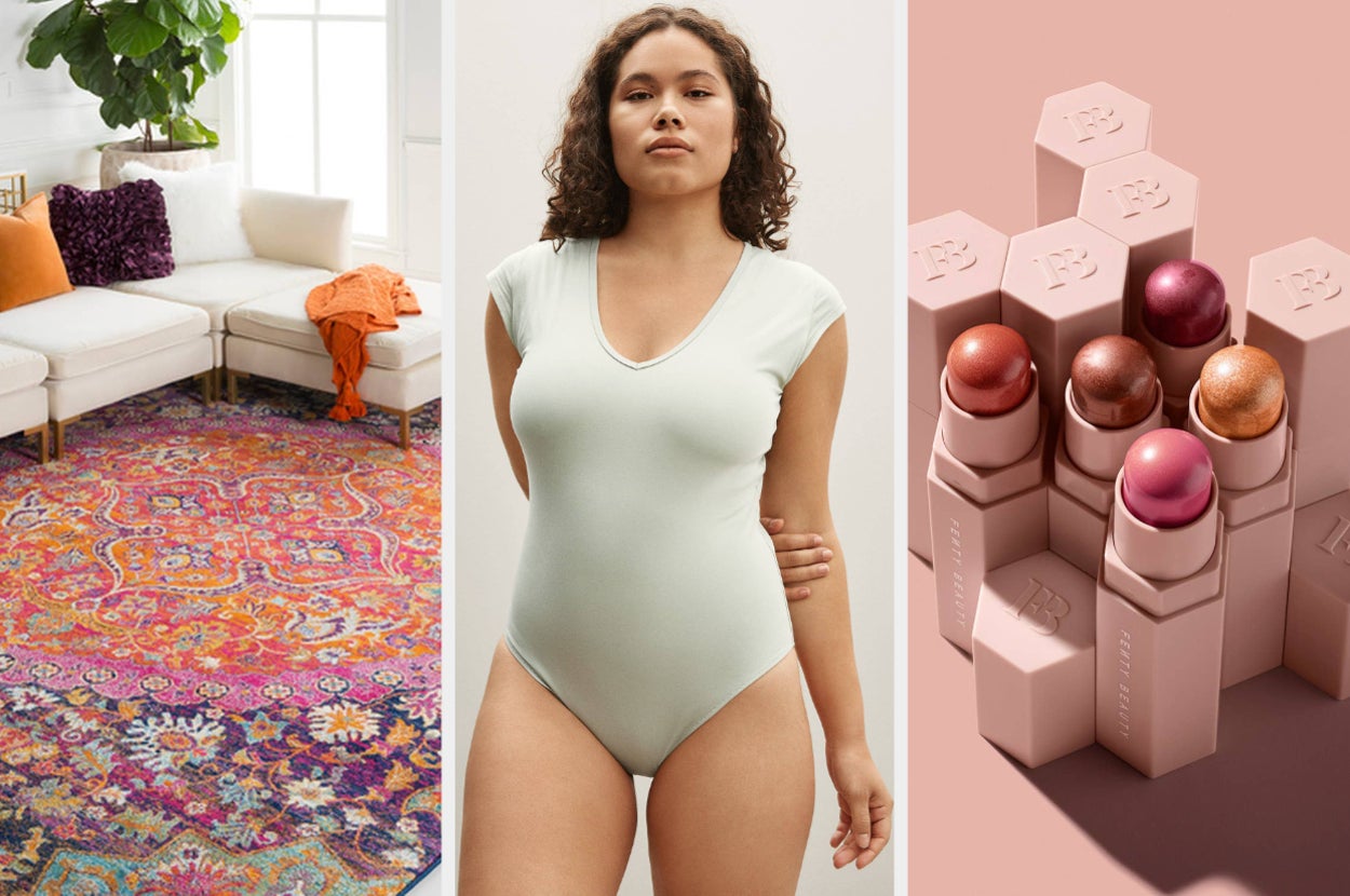a colorful area rug; a model in a light green bodysuit; five Fenty lipsticks