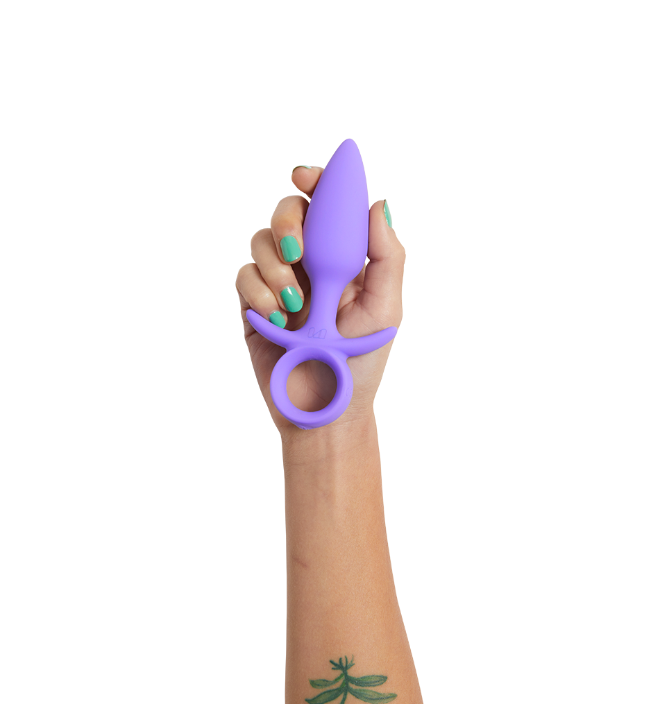 Purple silicone tapered anal plug with finger loop base