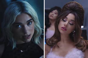 Dua Lipa is on the left leaning on the front of a car with Ariana Grande on the right dressed in fur