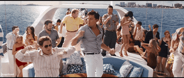 Leonardo DiCaprio dancing on a yacht in &quot;Wolf of Wall Street.&quot;