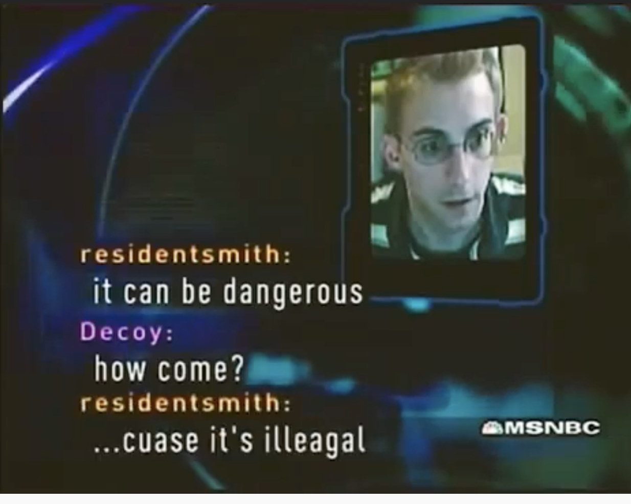 Justin Smith on the show with the chat log of him saying &quot;it can be dangerous...cause it&#x27;s illegal&quot; to the decoy