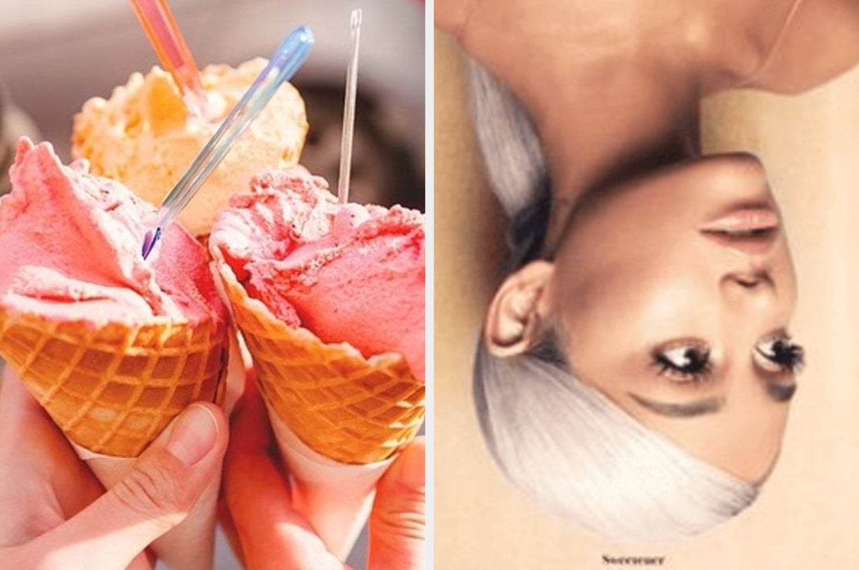 Three hands cheers ice cream cones filled with scoops of different flavored ice cream and the cover for Ariana Grande's album "Sweetener" sees the singers upside down while wearing a blonde ponytail wig.