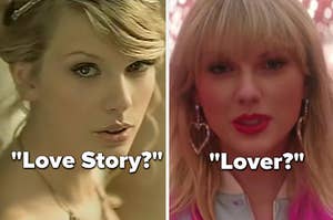 Taylor Swift, wearing a tiara, looks into the camera with the words, "Love Story?" written under her and Taylor Swift, with her pink tipped hair, looks into the camera with the words, "Lover?" written under her.