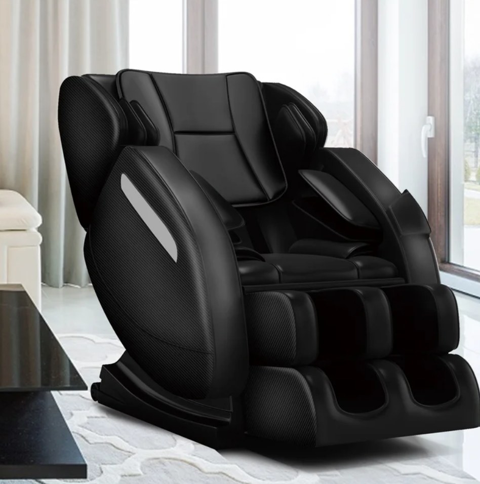 A black, heated massage chair with a remote