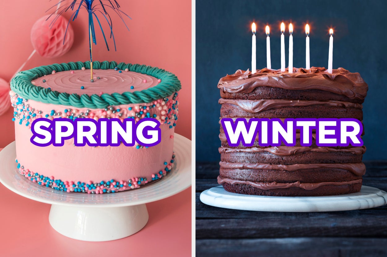 On the left, a bright, bold cake with colorful frosting and sprinkles all around labeled "spring," and on the right, a chocolate layer cake with sprinkles on top labeled "winter"