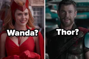 Wanda Maximoff wears her Scarlet Witch Halloween costume while smiling softly and Thor grins while holding a detonator in his hand.