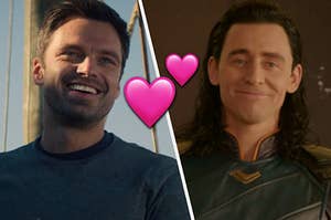 Bucky Barnes smiles brightly with teeth while standing on Sam Wilson's boat and Loki gives someone off screen a tight lipped smile.