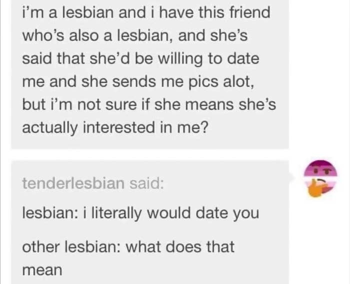 &quot;lesbian: I literally would date you&quot; &quot;other lesbian: what does that mean?&quot;