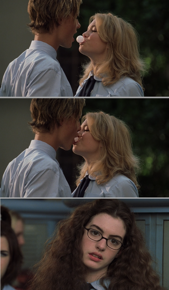 Erik von Detten and Mandy Moore kissing with a piece of gum