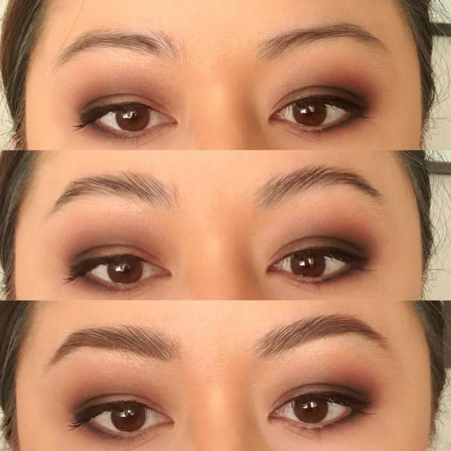 reviewer showing before with thin brows, after application, and complete with filled-in brows
