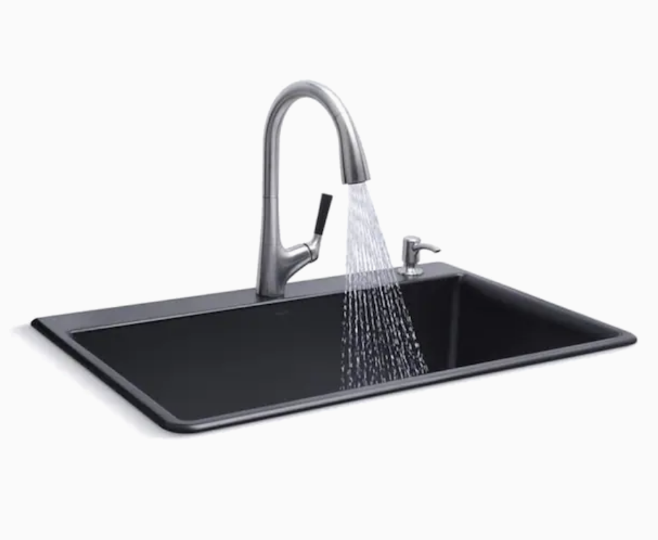 A large sink in a dark grey color