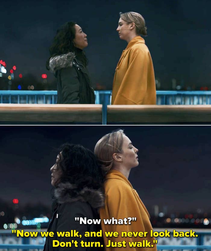 Eve and Villanelle standing back-to-back and Villanelle telling Eve to "just walk"