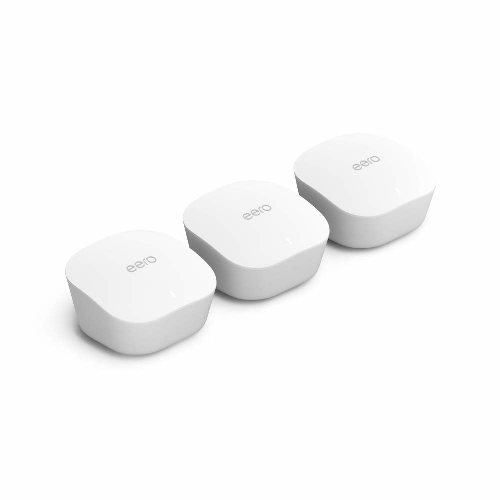 Amazon&#x27;s Eero mesh WiFi system consisting of three small boxes that relay WiFi