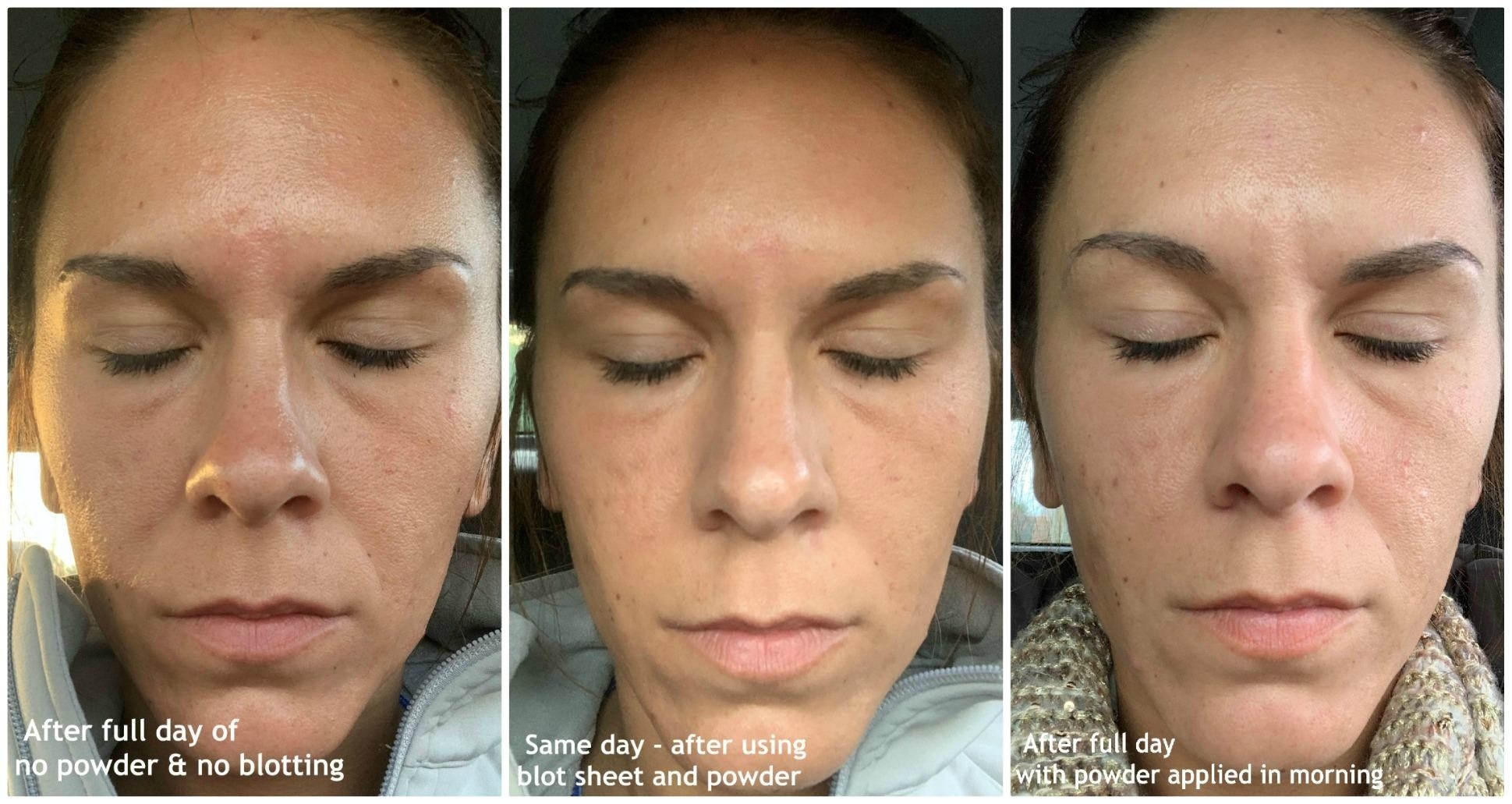 chart of reviewer's face showing powder's effects throughout a full day