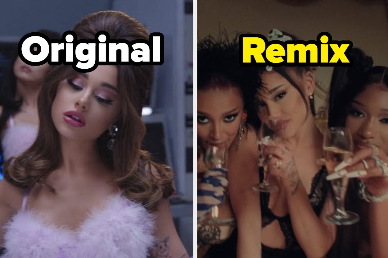 Ariana Grande is on the left labeled, "Original" with Meg Thee Stallion and Doja Cat drinking on the right