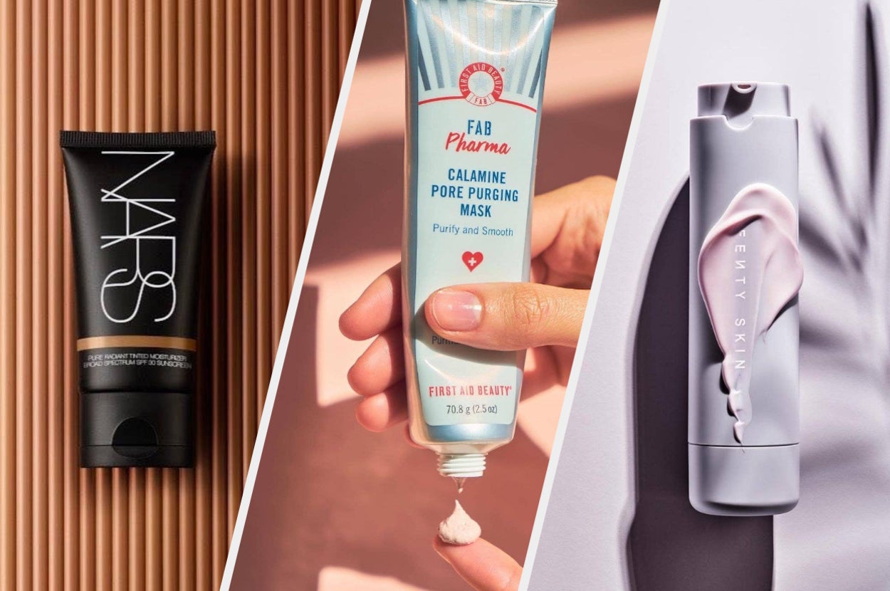 A tube of foundation, A person squeezing a tube of face mask onto their finger, A bottle of moisturizer on a plain background
