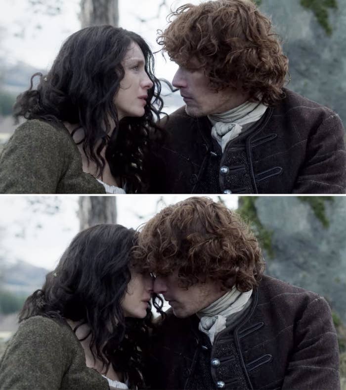 Claire and Jamie looking at each other and then putting their foreheads together