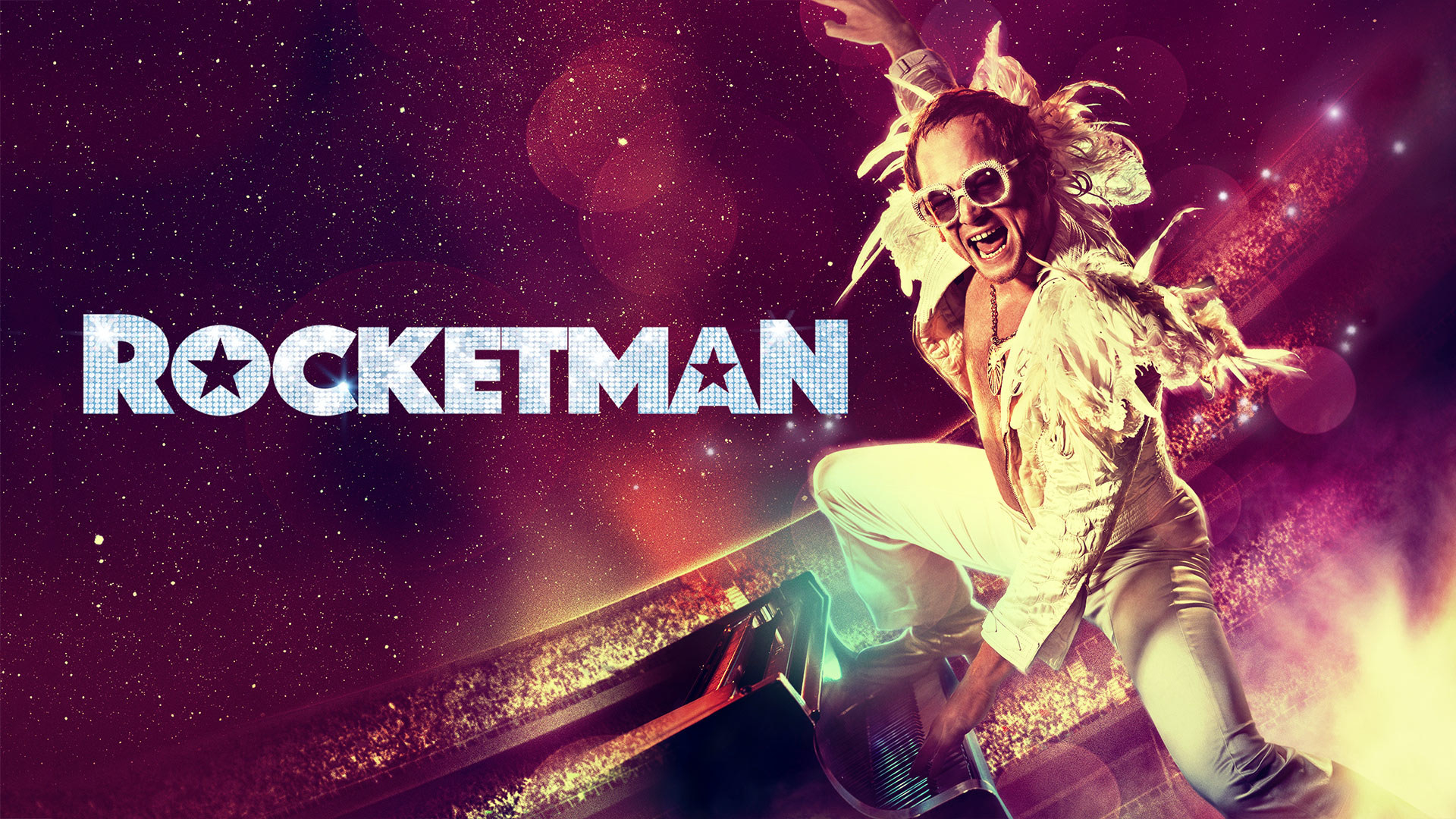 Movie poster for the movie &quot;Rocketman&quot; featuring Taron Egerton as a young Sir Elton John