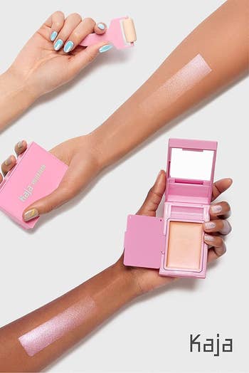 three hands with different skin tones holding the product with swatches of the highlighter on their arms