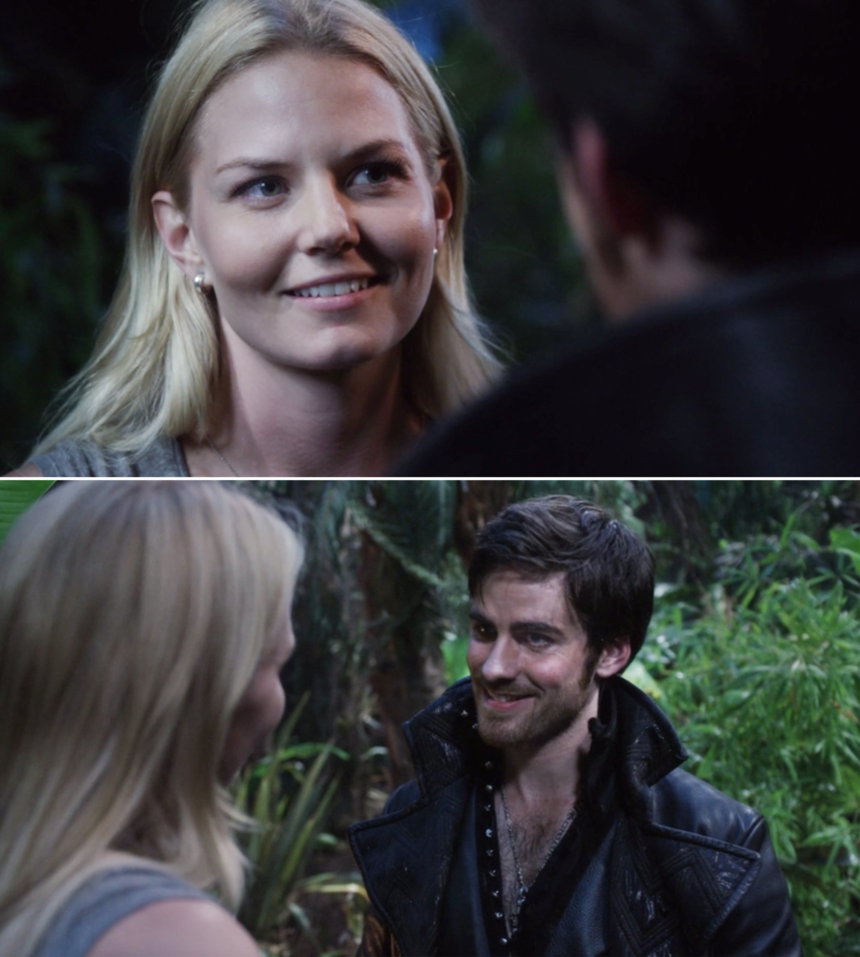 Emma and Hook looking at each other in the forest