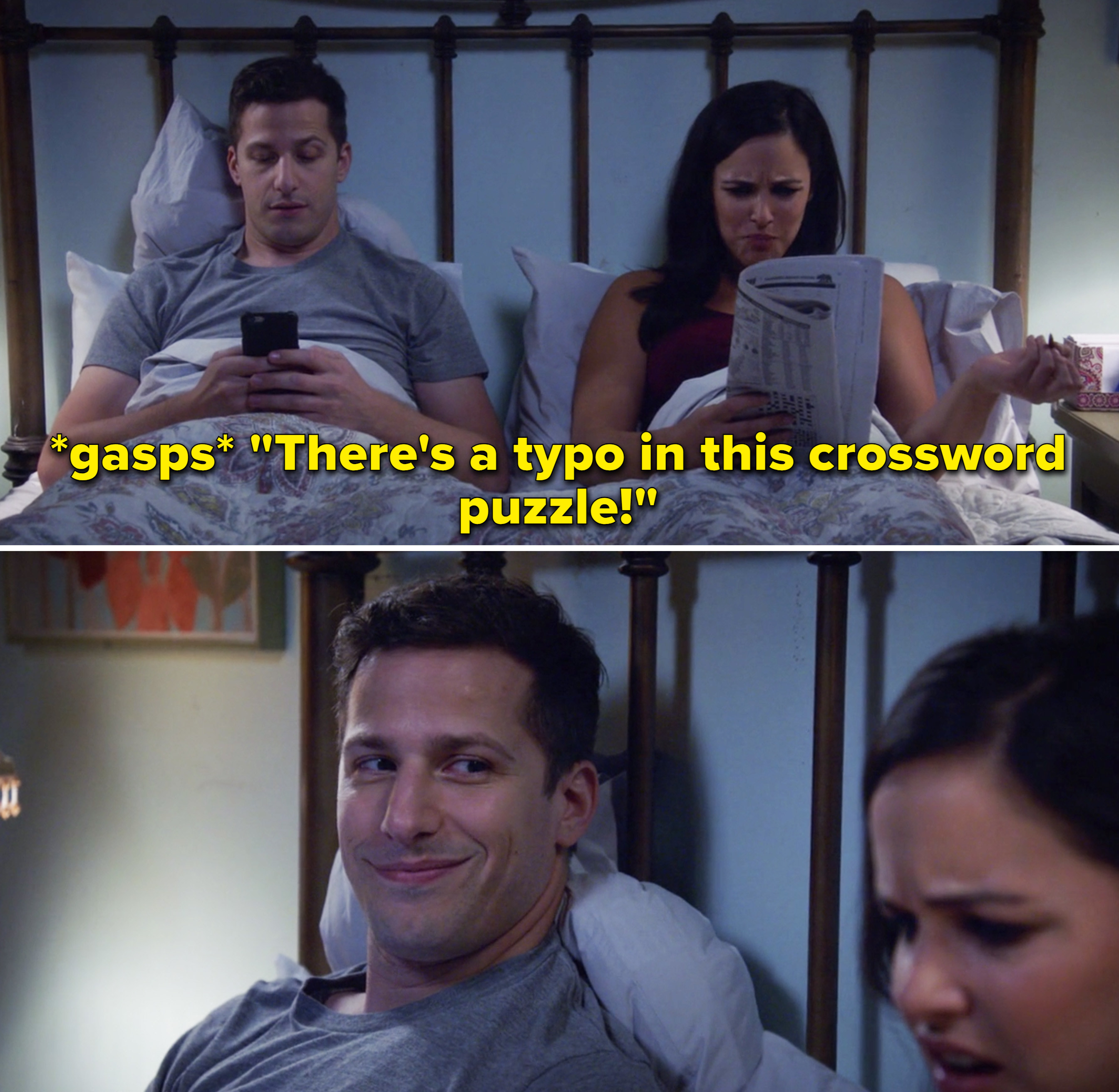 Amy gasping and saying, &quot;There&#x27;s a typo in this crossword puzzle!&quot; And Jake smiling at her