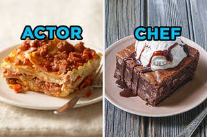 On the left, a piece of lasagna on a plate labeled "actor," and on the right, a brownie topped with vanilla ice cream and hot fudge labeled "chef"
