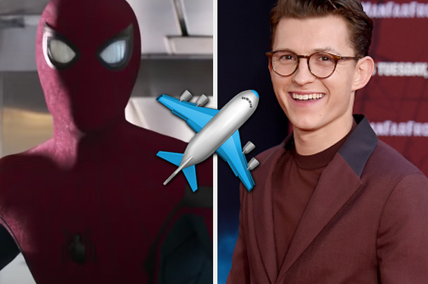 Spider-Man is on the left with an airplane emoji in the center and Tom Holland on the right