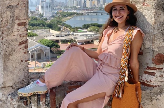 reviewer wearing the pink outfit