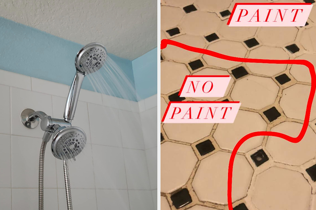 double shower head, tile bathroom floor with some of the grout painted