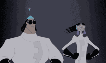a gif of kronk and yzma high fiving