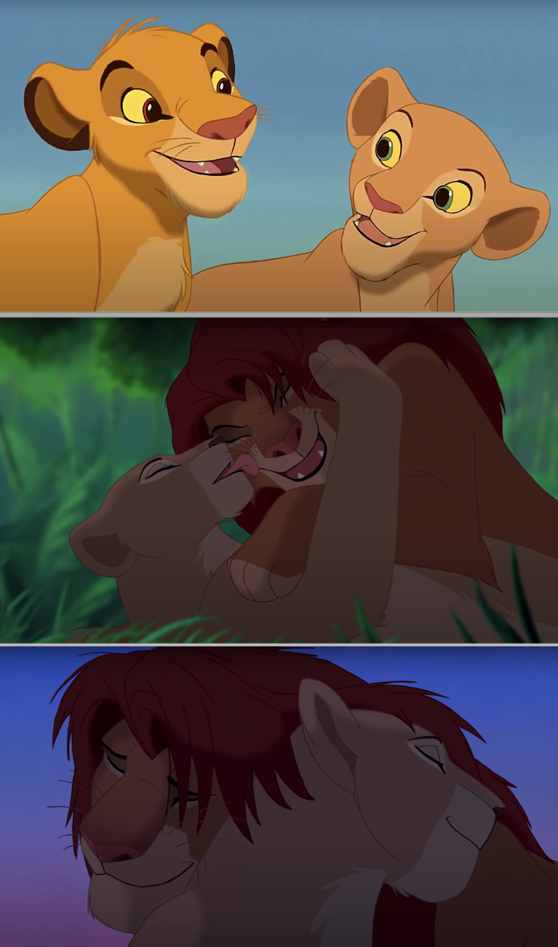 Simb and Nala as cubs and then adult lions