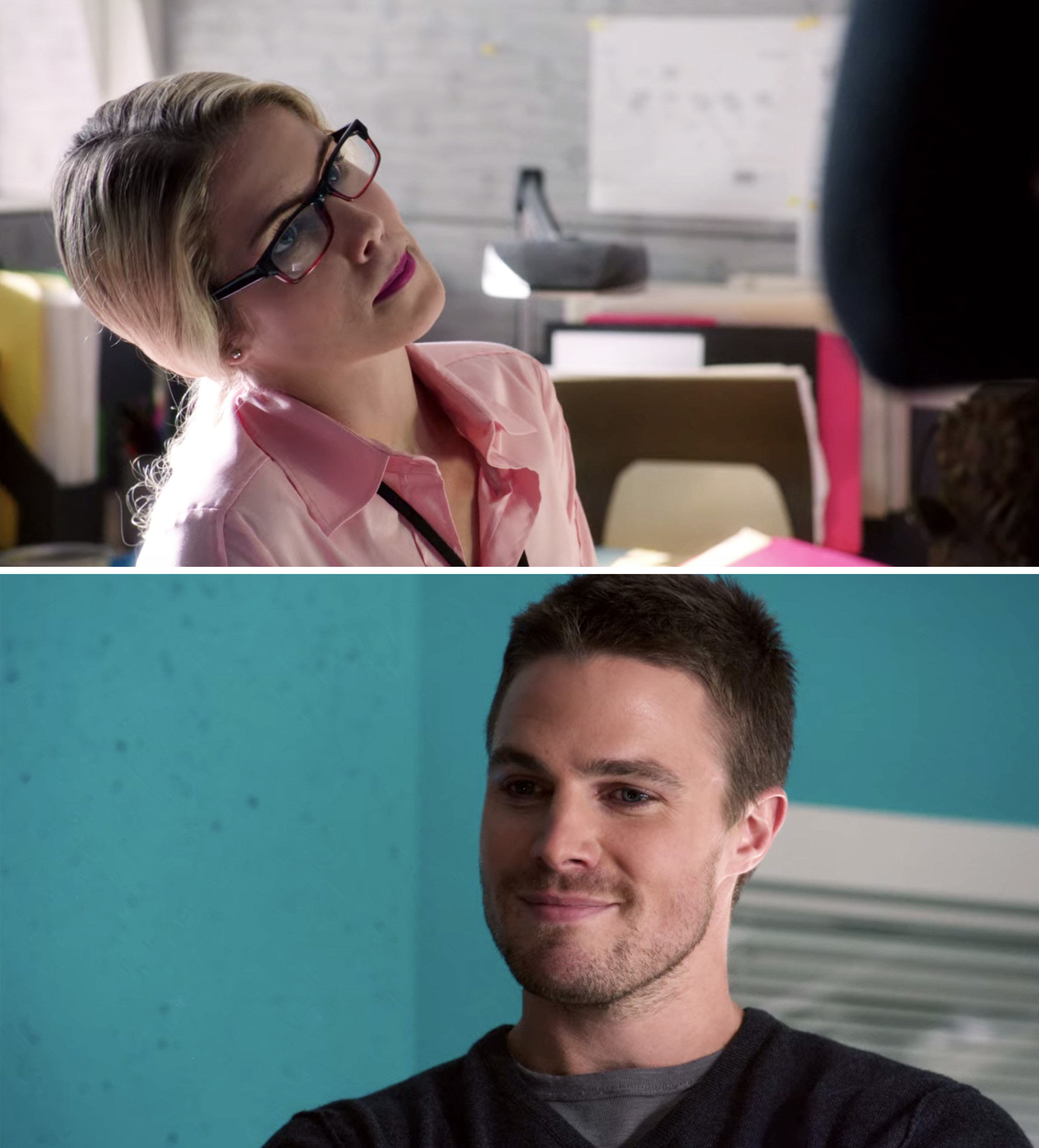 Felicity and Olivier looking at each other in their first scene together