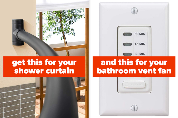 A curved shower curtain rod and a timer switch for bathroom vent fans