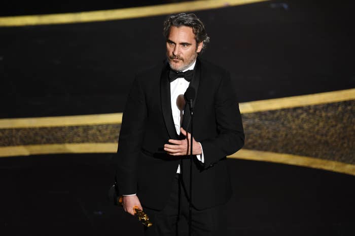 Joaquin looks serious while speaking on stage