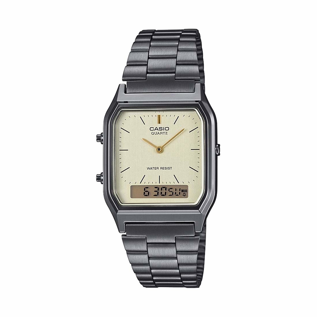 A silver watch with a square cream coloured dial