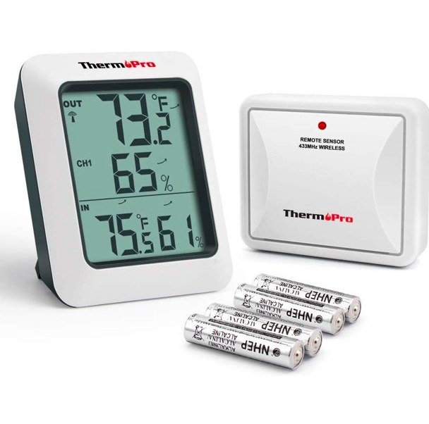 The thermometer display, remote sensor, and 4 AA batteries