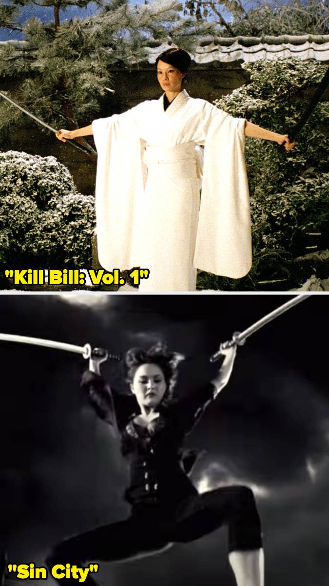 O-Ren Ishii holding two swords in "Kill Bill" and Miho holding those same swords in "Sin City"