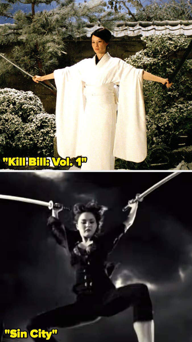 O-Ren Ishii holding two swords in &quot;Kill Bill&quot; and Miho holding those same swords in &quot;Sin City&quot;