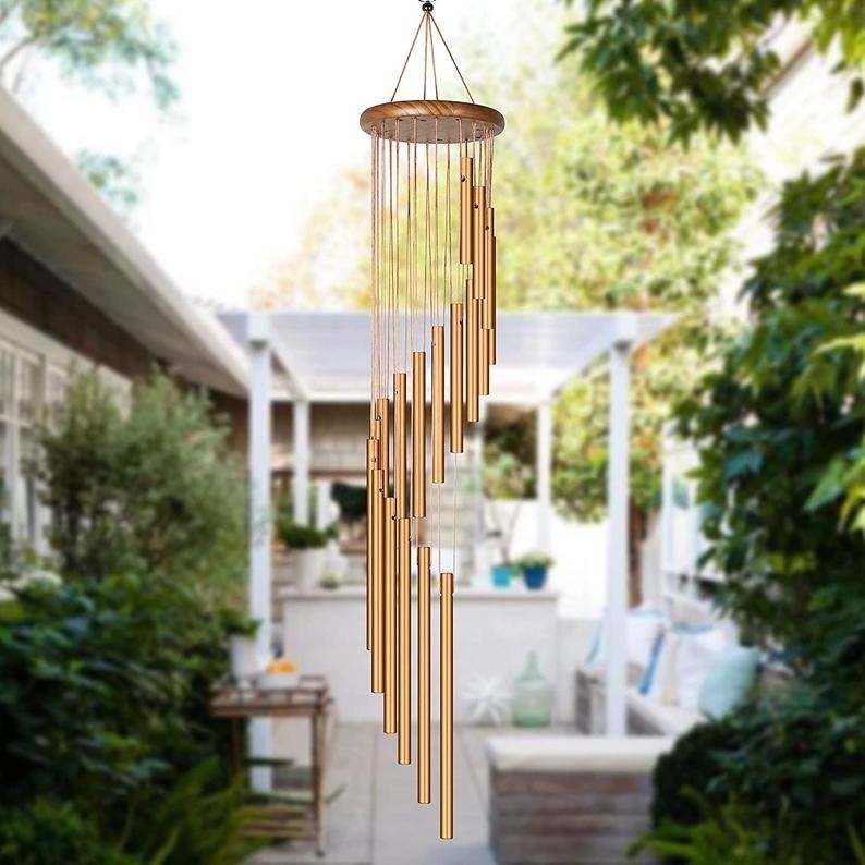 The wind chime hangs in an outdoor patio