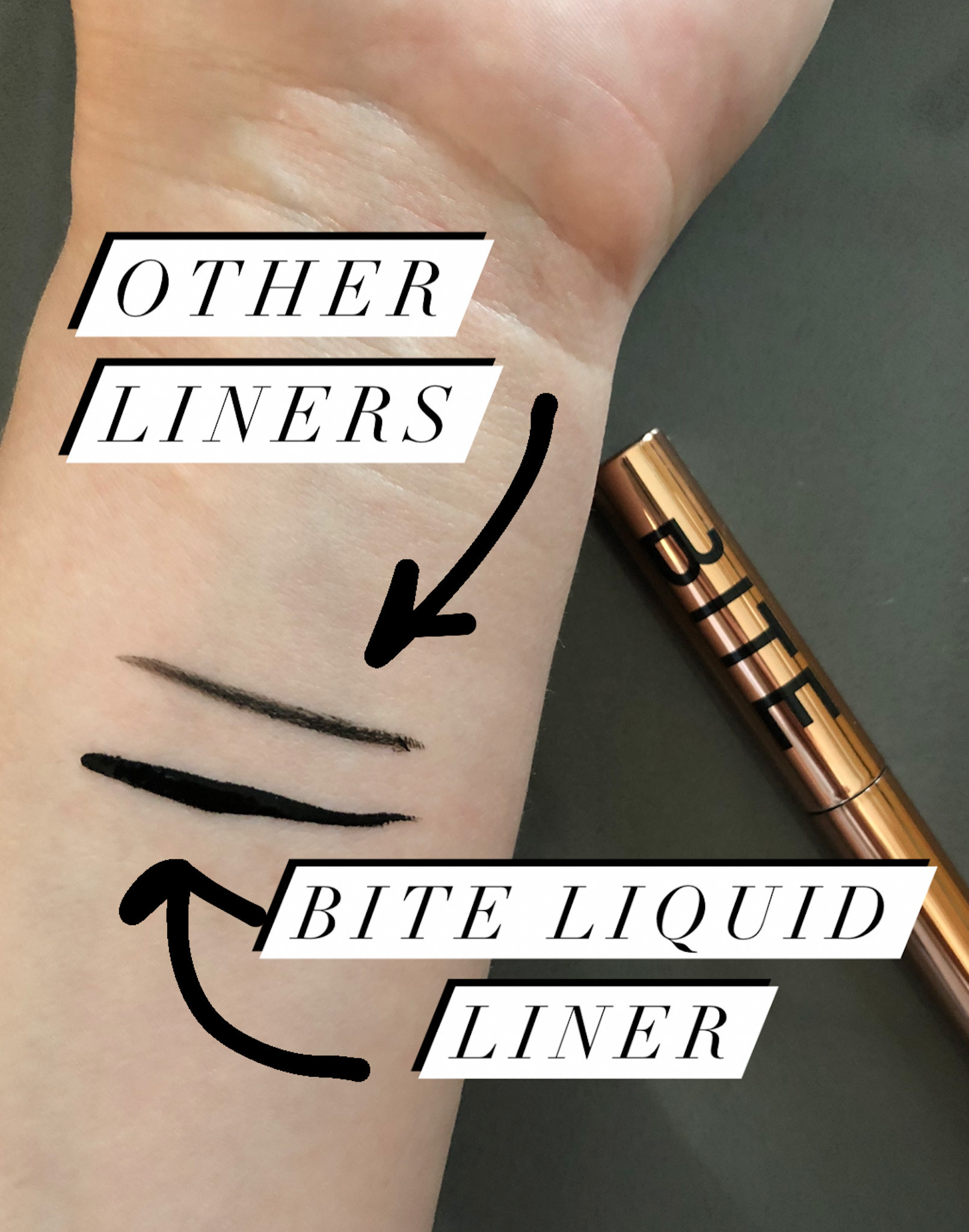 A swatch of the bite liquid liner compared to another liquid liner; the bite one is crisp and highly pigmented