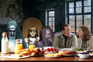 the demons from the conjuring universe next to the warrens eating breakfast