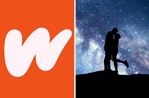 the wattpad logo on the left, and a guy and girl kissing in front of a background of stars on the right