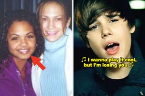 Christina Milian with Jennifer Lopez in a music studio in the early 2000s; Justin Bieber singing "Baby"